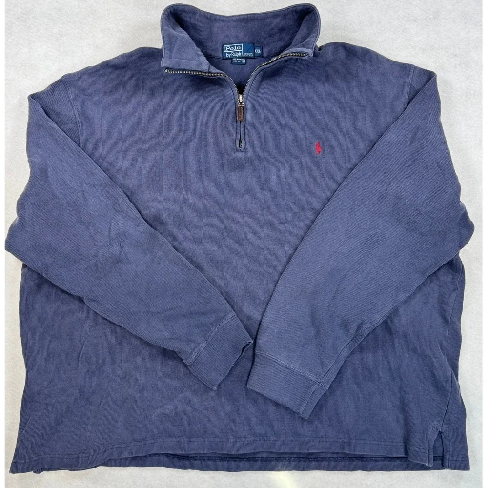 Polo Ralph Lauren Mens XXL Navy‎ Blue 1/4 Zip Pullover Cotton Rib Knit Vintage